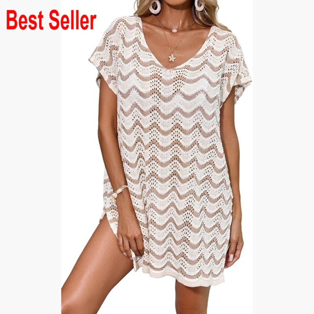 Crochet Knit Beach Cover Up Dress with Cap Sleeves